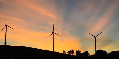 A sunrise behind a wind park